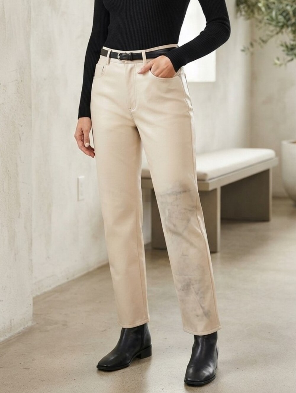 PAIGE Cream Straight-Leg Faux Leather Pants Women’s Size 26 Distressed